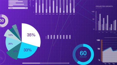 Big data and stock market business visualization, in a 3D space, showing pie charts, numbers and graphs in blue and purple background. Created in 4k.