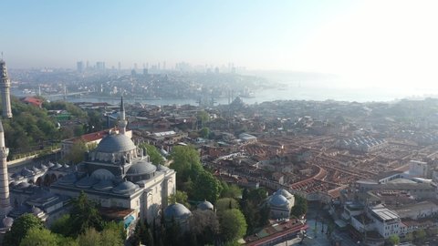 Aerial view of Istanbul during curfew. Istanbul Grand Bazaar, Golden Horn, Suleymaniye Mosque, Galata Tower, Galata Bridge. Ancient symbols of the city.