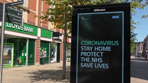 London UK city in lock down due to corona virus, covid 19 pandemic. NHS public information sign, government restrictions poster. Stay at home, protect NHS. Filmed Yorkshire, England, UK. 06/05/2020