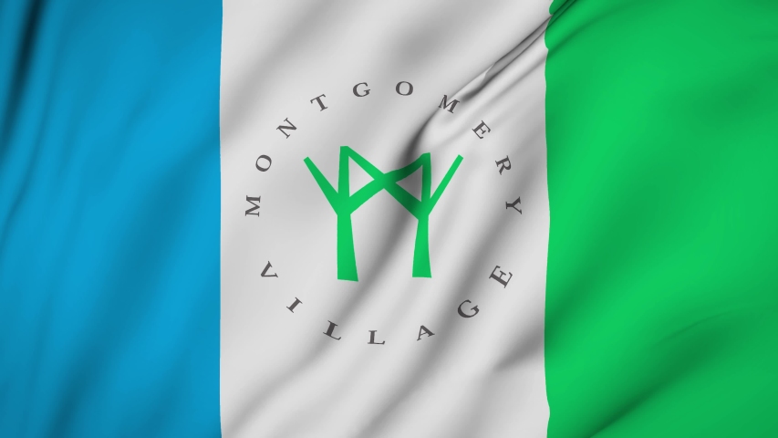 Montgomery Village of Maryland flag is waving 3D animation. Montgomery Village of Maryland state flag waving in the wind. Montgomery Village flag seamless loop animation. 4K