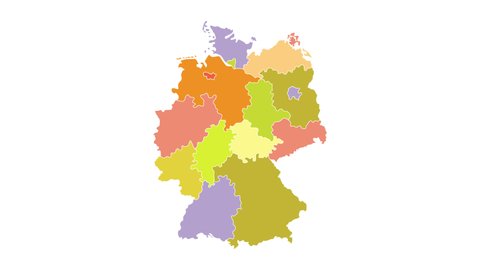 Animated map of Germany showing administrative regions. Germany map with color federal states appearing and fading one by one. Detailed political country map with divisions. 4K resolution