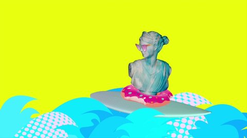 Contemporary art animation design. Ancient statue surfing on a colorful waves and wearing sunglasses.