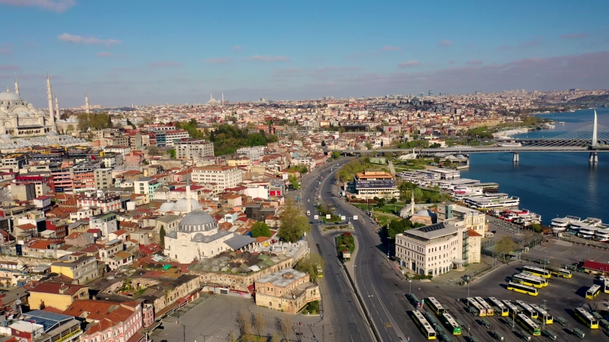 Eminonu Square and New Mosque, From Istanbul at Covid-19 Pandemic Curfew. Yeni Camii