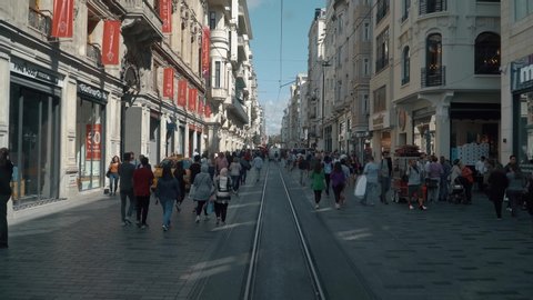 Turkey, Istanbul, 1, September, 2018 - Turkey Istanbul Istiklal 4k video, StreetTaksim square istiklal street nostalgic tram road. Sunday. Old Trian. street Nice