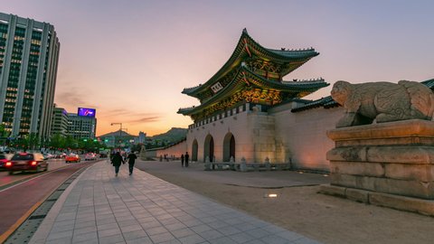SEOUL, SOUTH KOREA - MAY 6, 2020: Hyper lapse Gyeongbokgung palace at night in Seoul,South Korea.