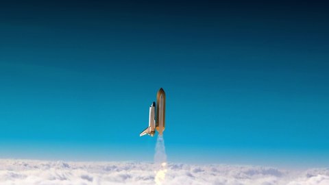 Space shuttle launch atlantis 3D render animation flying over clouds. Rocket flying over clouds on sunny weather. Spaceship liftoff to outer space.