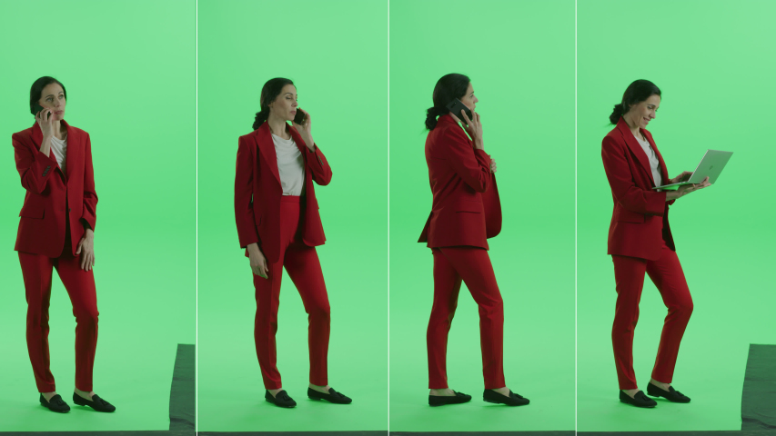 4-in-1 Green Screen Collage: Beautiful Businesswoman Wearing Stylish Red Suit Uses Smartphone Device and Laptop. Makes a Call, Browses Through Internet, Social Media. Multiple Angle Best Value Package | Shutterstock HD Video #1052003947