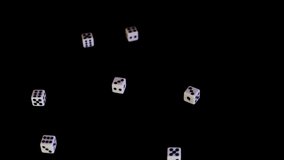 From two sides white cubes fly out on a black background. The dice rotate and bounce on a black surface. Concept of business and casino or gambling. Close-up. Slow mo, slo mo, slow motion - Powered by Shutterstock - Get 15% off with code: PIKWIZARD15