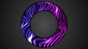 Blue and purple neon glowing waves and black circle frame. Abstract technology motion background. Seamless loop. Video animation Ultra HD 4K 3840x2160