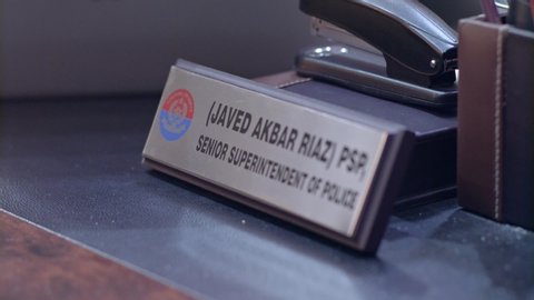  Desk name plate of Javed Akbar Riaz PSP, Senior Superintendent of Police in Karachi, Pakistan. 20th Jan 2018