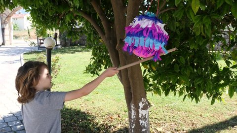 little boy hitting to pinata under a tree with a stick outside celebration 