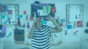 Animation of Caucasian woman wearing vr headset over floating product icons. Social distancing with technology at home during quarantine lockdown concept digitally generated - Powered by Shutterstock - Get 15% off with code: PIKWIZARD15