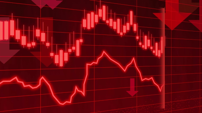 Close up on a stock chart drop. Trade stats negative, sales drop. Red arrow drops down. Royalty-Free Stock Footage #1052025826