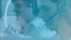 Animation of group of multi-ethnic call centre workers wearing headsets and using computers in office over data recording, globe spinning. Work communication technology concept digitally generated - Powered by Shutterstock - Get 15% off with code: PIKWIZARD15