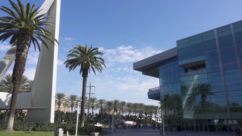 Anaheim, California / USA - November 11, 2018: Anaheim Convention Center Sign and Entrance from Katella Ave on a Sunny Day