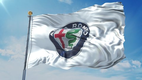 Alfa Romeo logo. Close-up waving auto companies flag. Digital render. Realistic 3D animation. Loop video. Perfect content. Turkey 2020