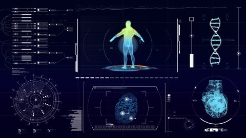 Futuristic Human Male Anatomy Scan animation. Medical hi-tech data monitor. Blinking and switching digital indicators 