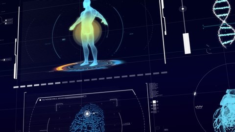 Futuristic Human Male Anatomy Scan animation. Medical hi-tech data monitor. Blinking and switching digital indicators. Perspective view