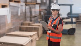 Animation of Caucasian female worker wearing a hard hat and high visibility vest counting stock and writing on a clipboard, with an industrial warehouse space in the background, digital composite - Powered by Shutterstock - Get 15% off with code: PIKWIZARD15