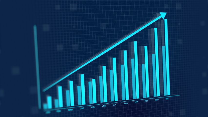 3D animation of 2D vector rising blue bar graph chart with uparrow, ultra HD 4K Stock Market value | Shutterstock HD Video #1052043460