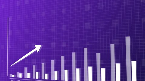 Blue and purple upwards 3D animation of 2D vector bar graph showing data stats rising. 4K perfect for your business presentations.