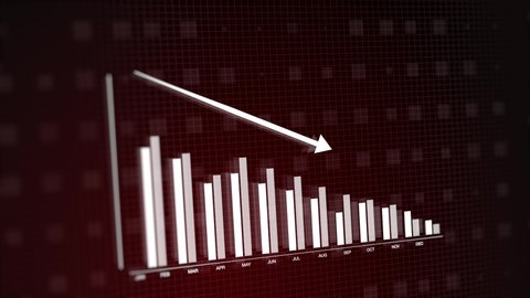 Red on black modern 3D animation of 2D vector graphic of bar graph chart plummeting. Depiction of stock market value after Covid-19 depression.