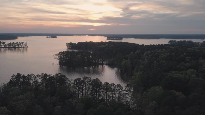 Secluded cove and islands on a beautiful lake aerial