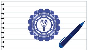 man lifting world icon emblem drawn with pen. Blue ink. rotary fashion, conceptual stylized, loop animation continues