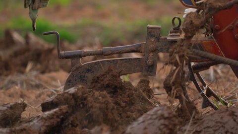 Farmer plowing rice field for planting in organic farm agriculuture in Thailand, close up wheel plow tractor working for seeding and planting rice in countryside, machine and farmer on farm Asian