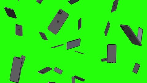 Rain of 3d iPhone 12 Pro falling on green screen  background.  Presentation of Smartphones Apple mark flying on chroma key. Close up view. Technology electronic devices concept. 4k animation