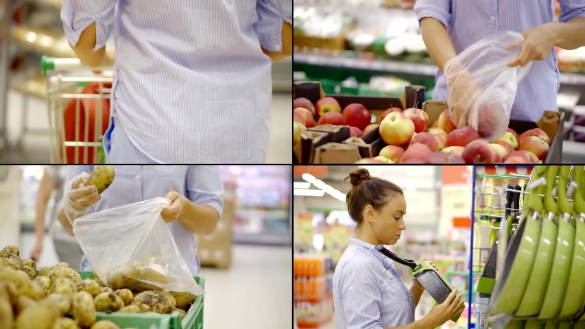 Collage a middle aged woman shopping in a large store selects new dishes and buys vegetables and fruits | Shutterstock HD Video #1052063083