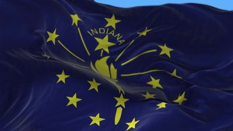 4k Indiana flag,state in United States America,cloth texture slow seamless loop waving with visible wrinkles in wind USA sky background.A fully digital rendering,animation loops at 20 seconds. 