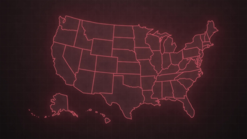Map of the spread of the COVID-19 virus in the United States. Rapid growth of cases of the coronavirus virus. Red map of America with the appearance of yellow flashing dots in the States. Royalty-Free Stock Footage #1052069674