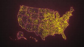 Map of the spread of the COVID-19 virus in the United States. Rapid growth of cases of the coronavirus virus. Red map of America with the appearance of yellow flashing dots in the States. - Powered by Shutterstock - Get 15% off with code: PIKWIZARD15