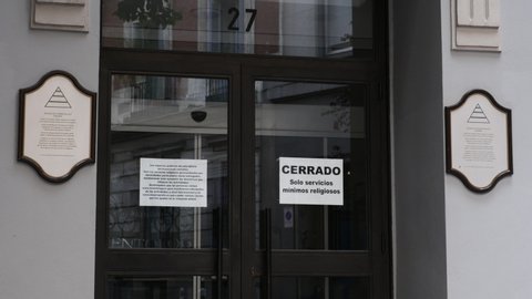 church of Scientology of Madrid closed by the state of alarm in Spain by the COVID-19. Filmed on May 8, 2020.