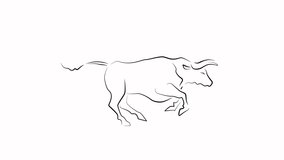 The Ox. Cartoon character. Cute hand drawn footage with bull. Running animal in outline style. Doodle nature concept. Symbol of 2021 year. Monochrome clip-art. Animation with alpha channel.