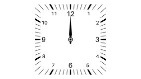 Square clock loop motion from noon to midnight. White clock face on white background. Animated 4k video
