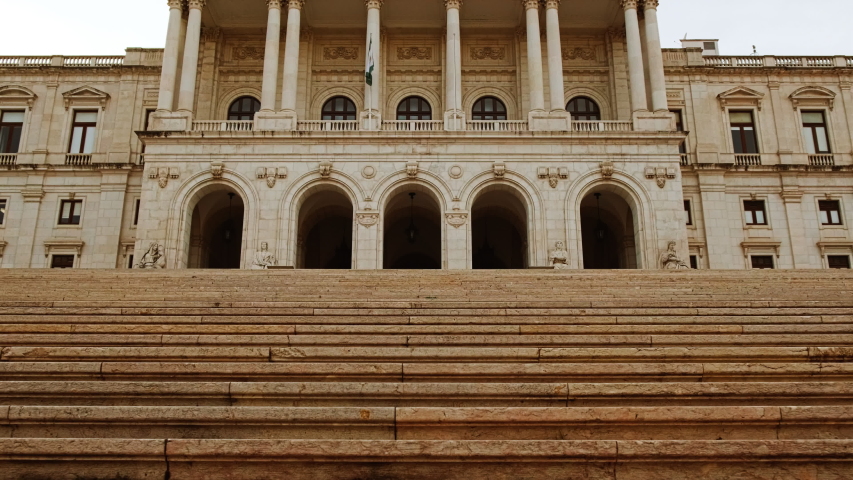 Climbing the stairway of the Sao Bento palace, home of the Portuguese Parliament, or Assembly of the Republic, in Lisbon, Portugal