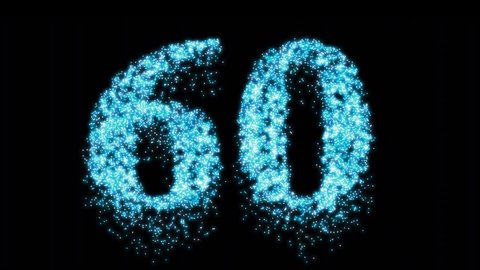 Sixty firework celebration number or blue neon celebration. Sixtieth birthday or anniversary party sparkles - video animation