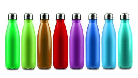 Stop motion art of colorful reusable steel thermo water bottles isolated on white background. 