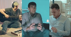 Collage of young men at home. Musician, player, Man with smartphone. New reality. WFH Reality. 4K video.