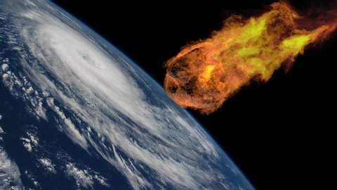 Meteorite Falling to Earth with a Hurricane. Asteroid, comet, meteorite glows, enters the earth's atmosphere. Attack of the meteorite. End of the world. Elements of this image furnished by NASA