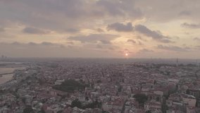 
Sunset Istanbul Trechina aeral shot. Sun, orange sky, houses, streets, clouds, red, europe, drone video.