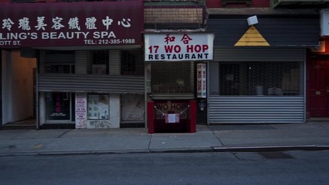 Empty China Town Street in NY during Pandemic COVID19 (Corona Virus Deases 2019), quarantine, Self isolation and social distancing. Empty town, Manhattan, New York, US 04.25.2019
