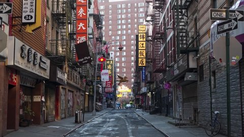 Empty China Town Street in NY during Pandemic COVID19 (Corona Virus Deases 2019), quarantine, Self isolation and social distancing. Empty town, Manhattan, New York, US 04.25.2019
