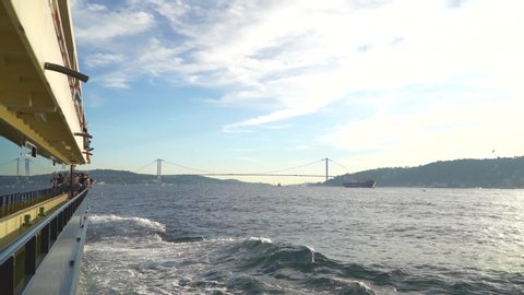 Istanbul. Tutkey. 07.09.2018: Sunset over Istanbul. Shooting from the ferry that sails along the Bosphorus. 4k video.