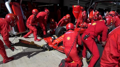 SOCHI, RUSSIA - 29 September 2019: Sebastian Vettel crew of Scuderia Ferrari Pit stop training during Formula 1 Grand Prix of Russia 2019