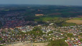 Wide aerial view of the city Ellwangen in Germany on a sunny spring day.