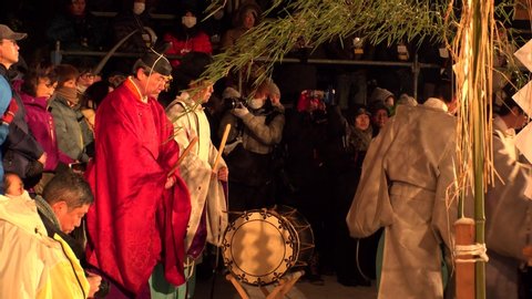 OGA, AKITA, JAPAN - 8 FEB 2020 : View of “Namahage Sedo Matsuri”. “Namahage” in traditional Japanese folklore is a demonlike being with ogre masks and straw capes. Strange or odd winter festival.