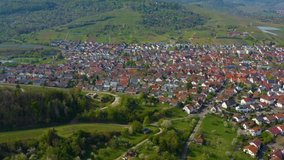 Aerial view of the city  Beutelsbach in Germany on a sunny spring day during the coronavirus lockdown.